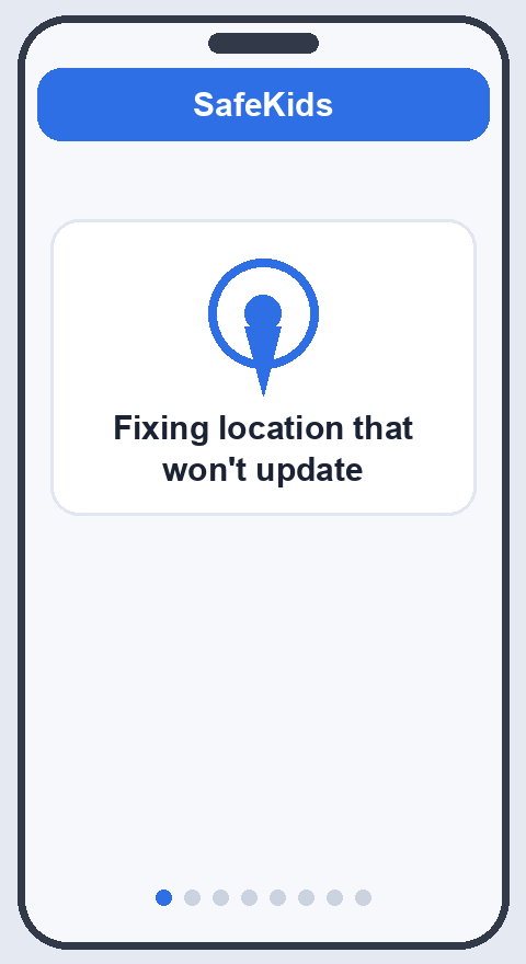 Steps to fix location not updating: open AlvaKids permissions, allow location all the time, turn on precise location, disable battery optimization